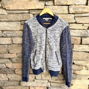 Athleta Knit Bomber Jacket Cardigan Blue Gray front zip Sweater boucle